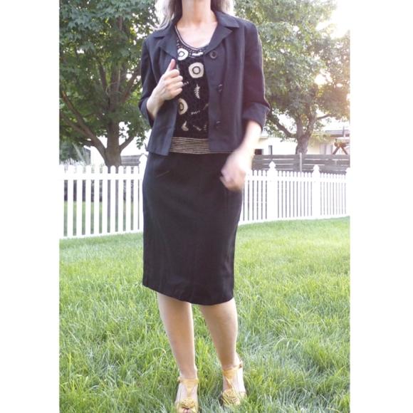 BLACK WOOL forstmann pencil skirt SUIT vintage 1960's 60's S